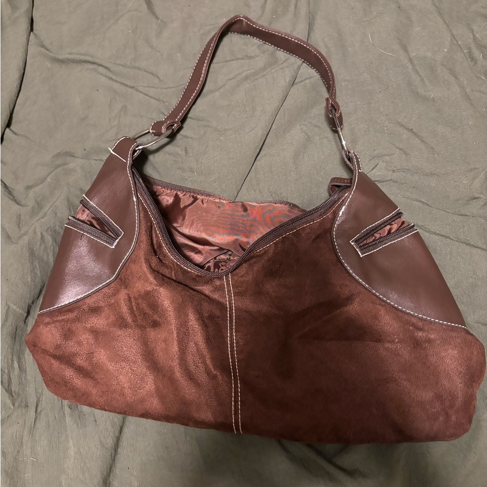 Estee Lauder Brown Suede and Leather Shoulder Bag